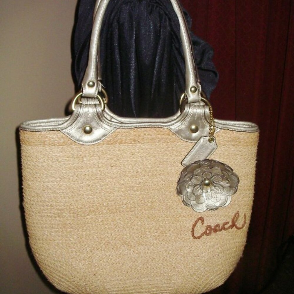 COACH NATURAL STRAW METALLIC FLOWER SILVER BLEECKER HANDBAG 13373